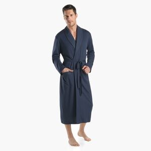 Hanro Men's Night Day Interlock 100% Cotton Shawl Collar Robe in Deep Navy Sz XL